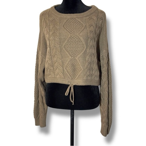 Vigoss Brown Cable Knit Front Tie Long Sleeve Cropped Crew Neck Sweater - Picture 6 of 16